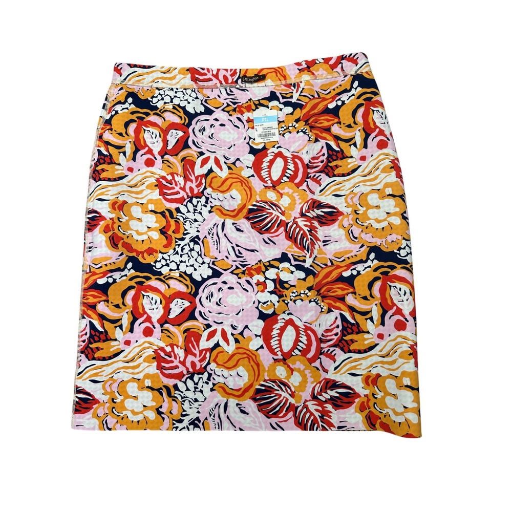 J.McLaughlin Halle Reversible Skirt L Navy Orange Gardenia Floral Geometric NEW